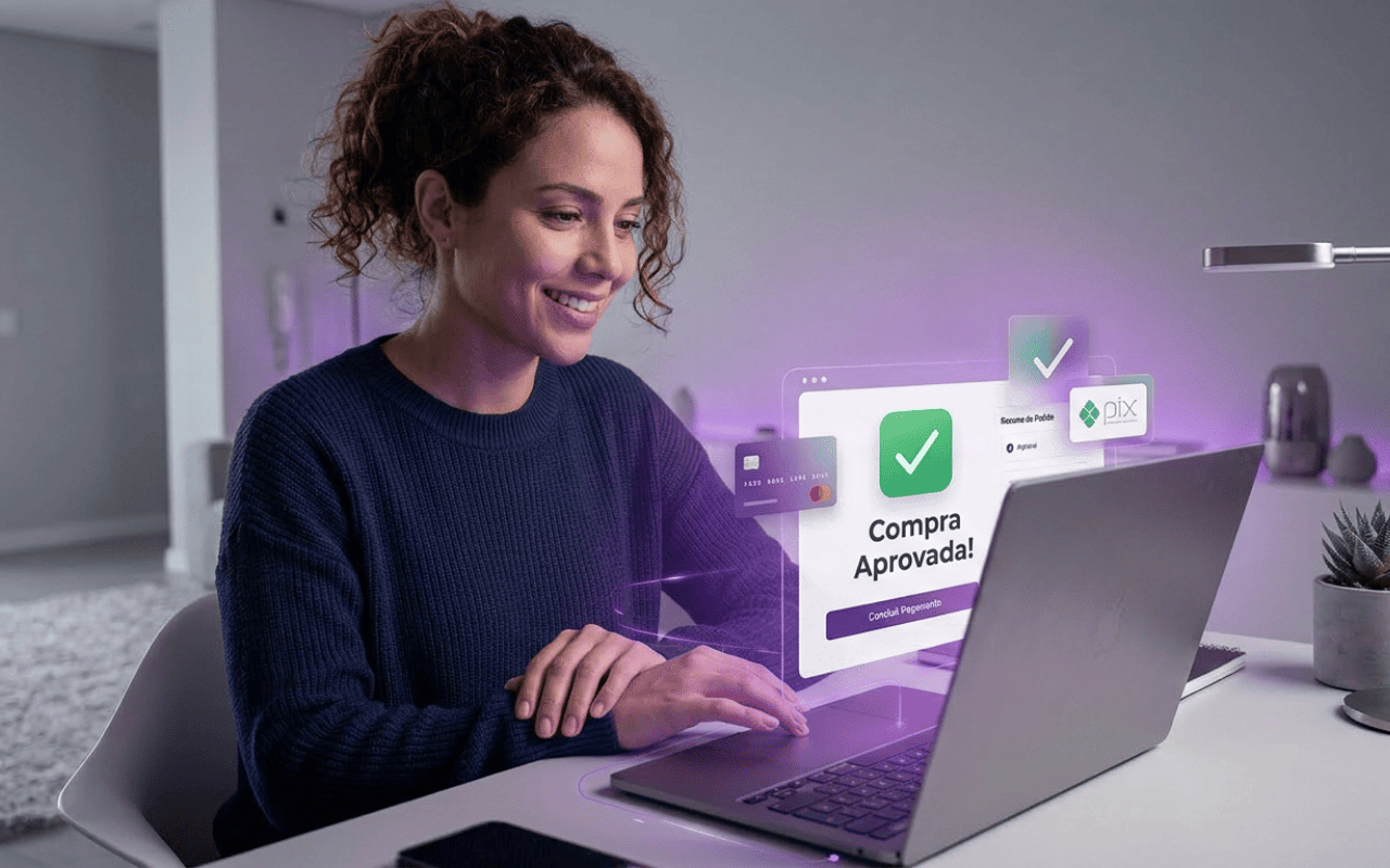 Mulher sorrindo usando notebook para realizar compra online com pagamento aprovado via Pix e cartão, destacando segurança e alta performance no checkout digital.