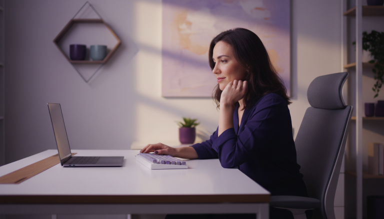 Mulher empreendedora sorrindo com confiança em frente ao seu laptop em um home office minimalista com tons de roxo e cinza. A imagem representa o sucesso e a tranquilidade de quem utiliza as tecnologias certas para escalar vendas no e-commerce.