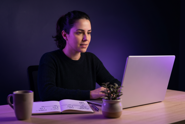Founder de SaaS analisando painel de pagamento recorrente com régua inteligente de cobrança
