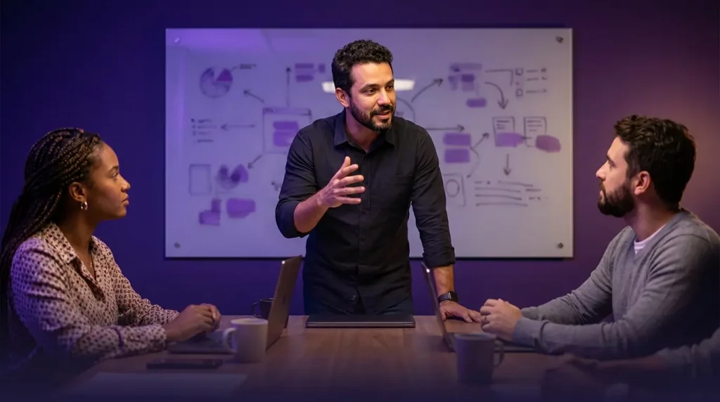 Dono de agência de marketing digital conduzindo uma sessão de estratégia com a equipe