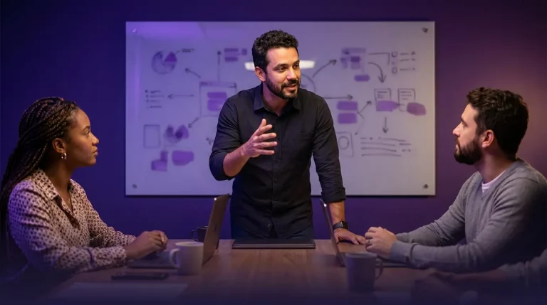 Dono de agência de marketing digital conduzindo uma sessão de estratégia com a equipe