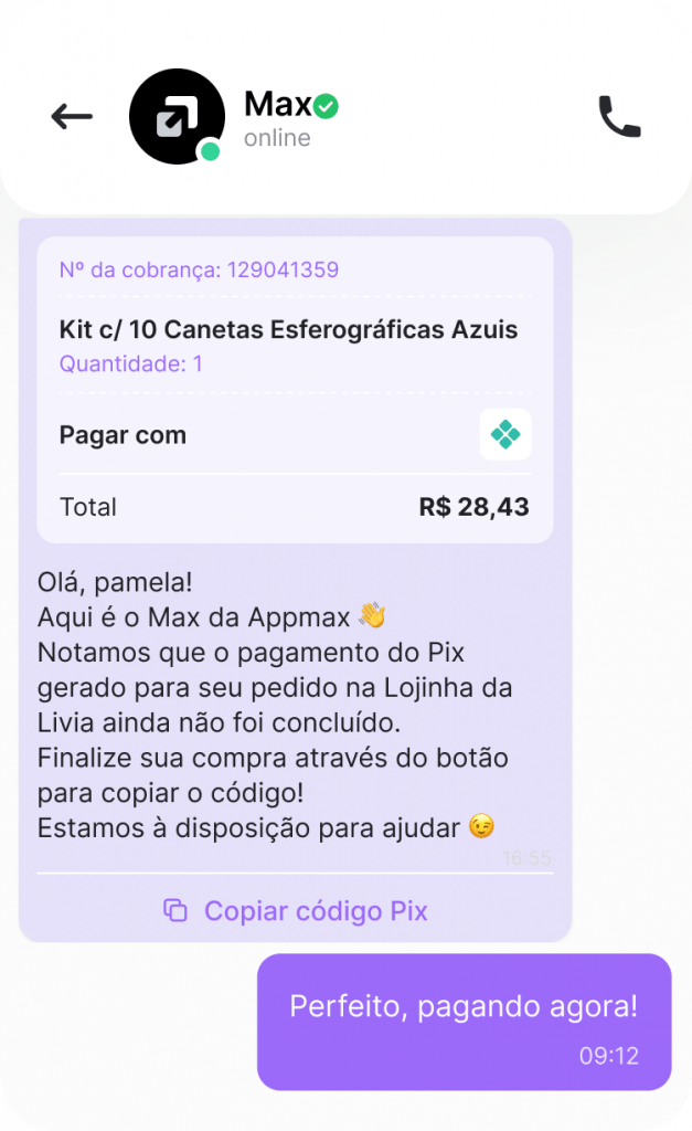 Exemplo de conversa de recuperação de Pix expirado. Meramente ilustrativo.